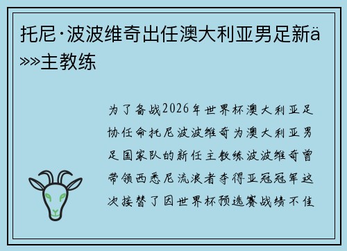 托尼·波波维奇出任澳大利亚男足新任主教练