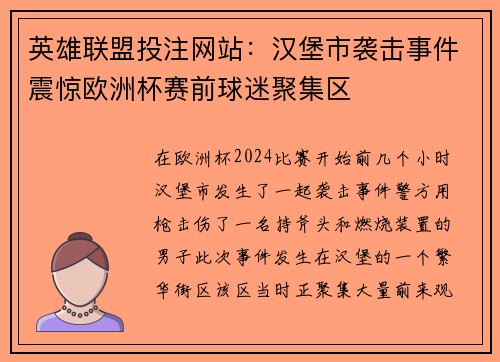 英雄联盟投注网站：汉堡市袭击事件震惊欧洲杯赛前球迷聚集区